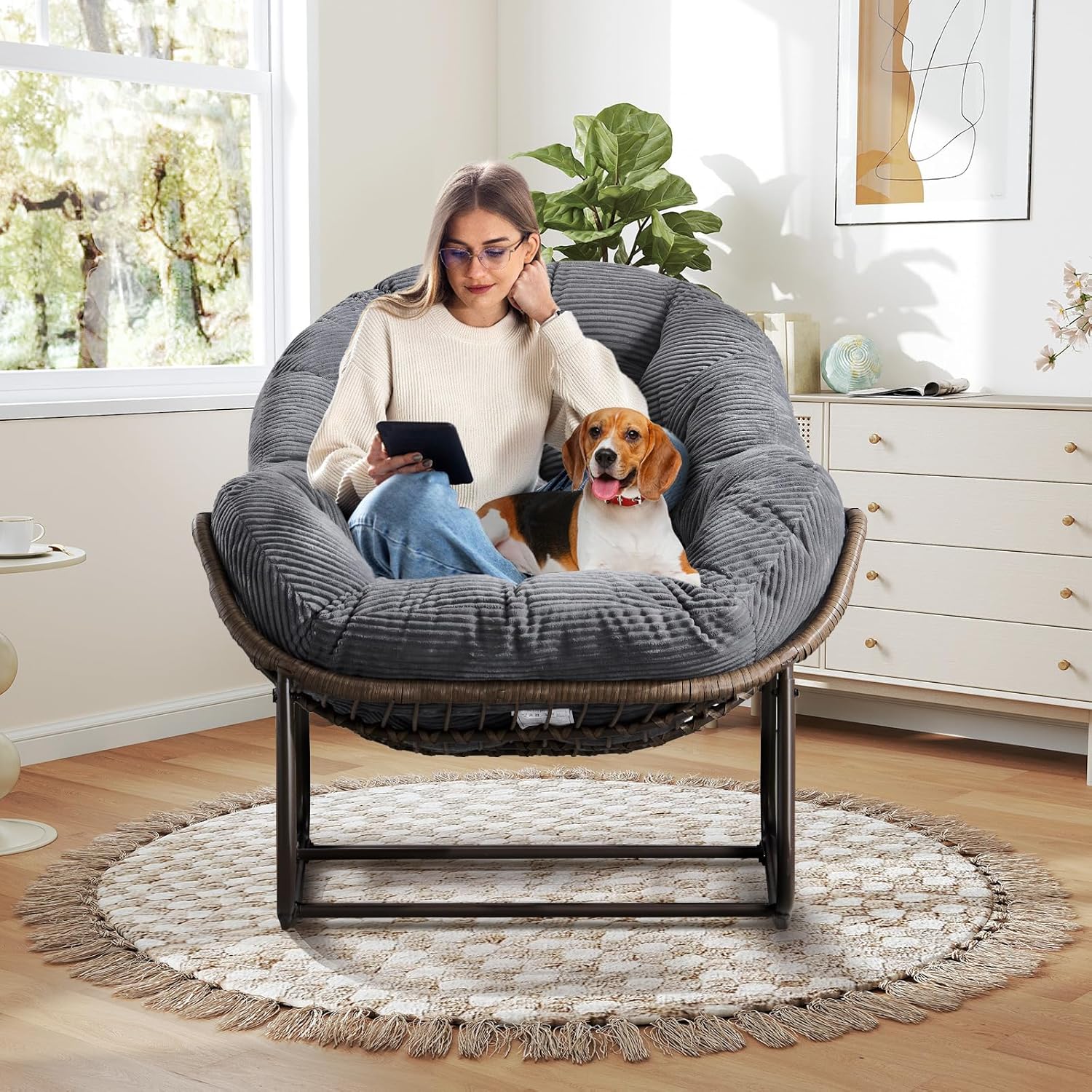 Find Your Comfort Zone. Our Woven Egg Chair features a luxuriously soft, oversized cushion. It's your perfect retreat for indoor lounging and outdoor sunny escapes.